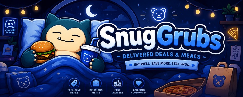 SnugGrubs mascot tucked in with delivered meals under cozy night lights